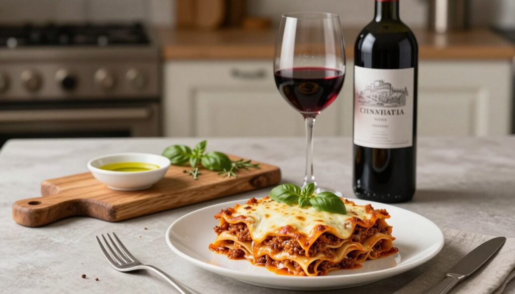 A beautifully arranged table set for a wine and lasagna pairing. In the foreground, a perfectly baked lasagna with layers of rich, savory sauce and melted cheese, garnished with fresh basil. Beside it, an elegant bottle of red wine, possibly Chianti or Sangiovese, with a glass filled to showcase its deep ruby color. In the middle ground, a simple, rustic wooden cutting board with a small dish of olive oil and herbs, complementing the flavors of the meal. The background features a subtle Italian-themed kitchen setting, with soft ambient lighting creating a warm, inviting atmosphere. The camera angle is slightly elevated, capturing the entire scene in a harmonious composition that evokes a sense of taste and tradition. A beautifully arranged table set for a wine and lasagna pairing. In the foreground, a perfectly baked lasagna with layers of rich, savory sauce and melted cheese, garnished with fresh basil. Beside it, an elegant bottle of red wine, possibly Chianti or Sangiovese, with a glass filled to showcase its deep ruby color. In the middle ground, a simple, rustic wooden cutting board with a small dish of olive oil and herbs, complementing the flavors of the meal. The background features a subtle Italian-themed kitchen setting, with soft ambient lighting creating a warm, inviting atmosphere. The camera angle is slightly elevated, capturing the entire scene in a harmonious composition that evokes a sense of taste and tradition.