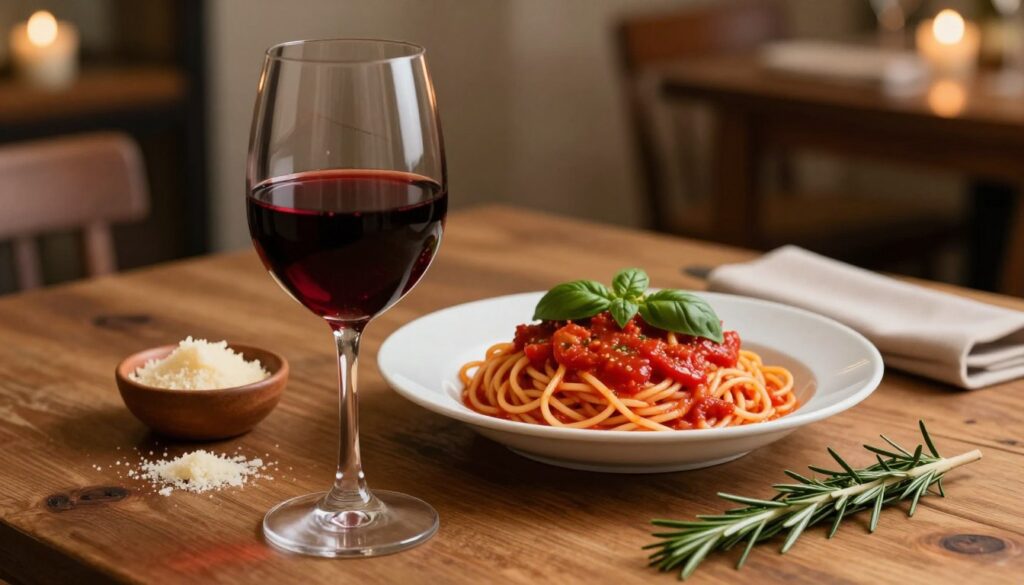 A beautifully arranged table setting featuring a glass of red wine paired specifically for tomato-based pasta dishes. In the foreground, showcase a full wine glass with deep crimson liquid reflecting soft candlelight. The middle ground displays a plate of spaghetti covered in a rich, vibrant tomato sauce, garnished with fresh basil. A rustic wooden table is adorned with a small bowl of grated Parmesan cheese and a sprig of rosemary. In the background, a cozy dining atmosphere is created with warm, ambient lighting and blurred hints of a dining room, enhancing a romantic Italian dinner vibe. Capture the scene from a slightly elevated angle to highlight the textures of the food and the wine's deep color, evoking a welcoming and indulgent mood. A beautifully arranged table setting featuring a glass of red wine paired specifically for tomato-based pasta dishes. In the foreground, showcase a full wine glass with deep crimson liquid reflecting soft candlelight. The middle ground displays a plate of spaghetti covered in a rich, vibrant tomato sauce, garnished with fresh basil. A rustic wooden table is adorned with a small bowl of grated Parmesan cheese and a sprig of rosemary. In the background, a cozy dining atmosphere is created with warm, ambient lighting and blurred hints of a dining room, enhancing a romantic Italian dinner vibe. Capture the scene from a slightly elevated angle to highlight the textures of the food and the wine's deep color, evoking a welcoming and indulgent mood.