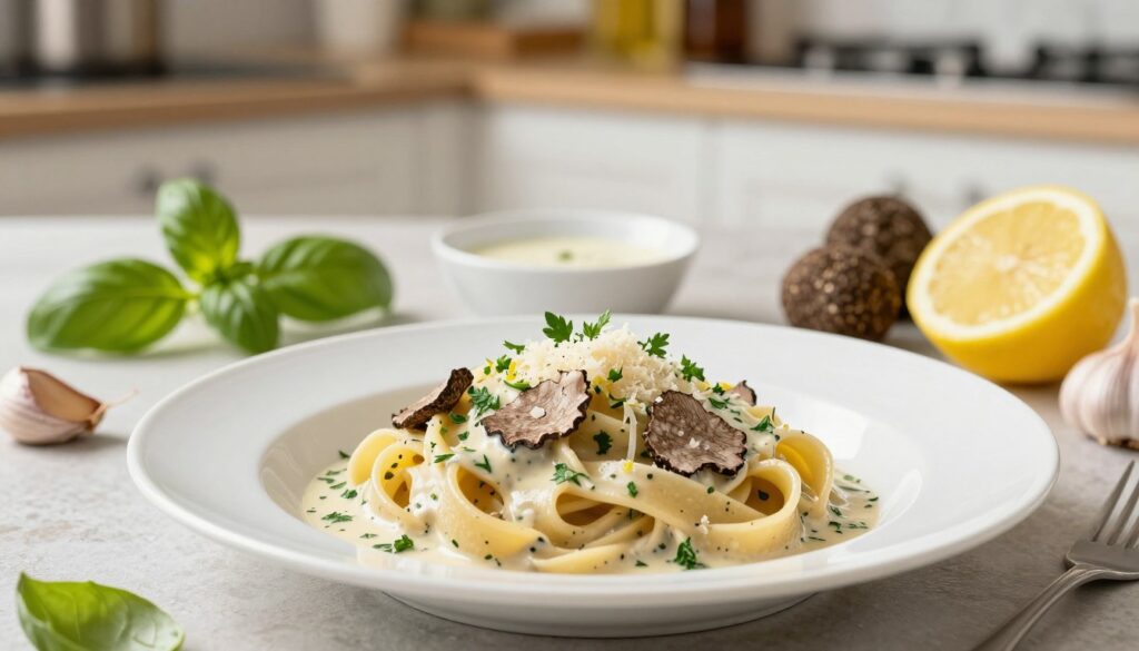 A beautifully arranged table setting featuring a plate of truffle pasta drizzled with a light, creamy sauce made from fresh herbs, lemon zest, and a hint of garlic. In the foreground, a delicate white porcelain plate holds the pasta, garnished with a sprinkle of Parmesan cheese and fresh parsley. In the middle, a small bowl of the light sauce complements the pasta, surrounded by fresh ingredients like a lemon, sprigs of basil, and garlic cloves. The background softly fades to an elegant kitchen setting, with warm, natural lighting creating an inviting atmosphere. The scene captures a gourmet yet approachable dining experience, emphasizing the freshness and subtlety of flavors without overpowering the exquisite aroma of truffles. A beautifully arranged table setting featuring a plate of truffle pasta drizzled with a light, creamy sauce made from fresh herbs, lemon zest, and a hint of garlic. In the foreground, a delicate white porcelain plate holds the pasta, garnished with a sprinkle of Parmesan cheese and fresh parsley. In the middle, a small bowl of the light sauce complements the pasta, surrounded by fresh ingredients like a lemon, sprigs of basil, and garlic cloves. The background softly fades to an elegant kitchen setting, with warm, natural lighting creating an inviting atmosphere. The scene captures a gourmet yet approachable dining experience, emphasizing the freshness and subtlety of flavors without overpowering the exquisite aroma of truffles.