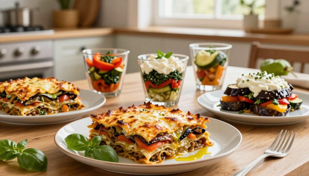 A beautifully arranged table showcasing a variety of vegetarian and vegan lasagna dishes, with rich layers of roasted eggplants, vibrant vegetables, and creamy sauces. In the foreground, a hearty serving of lasagna, golden brown on top, accompanied by fresh basil leaves and a drizzle of olive oil. In the middle, variations of the dish are presented in elegant glassware, reflecting the deep flavors with colorful layers of zucchini, bell peppers, and spinach. The background features a warm, inviting kitchen with soft, natural lighting coming from a window, highlighting the textures and colors of the dishes. The overall mood is cozy and comforting, perfect for a family meal.