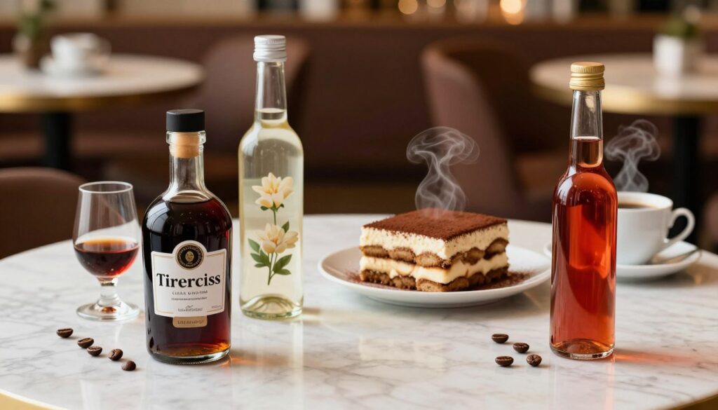 A beautifully arranged tabletop featuring an elegant display of various liqueurs suitable for tiramisu, with a focus on flavor, strength, sweetness, and coffee pairing. In the foreground, showcase three bottles: one filled with a rich espresso liqueur, another with a light, floral option, and the last being a vibrant non-alcoholic syrup. Surround them with tasting glasses and coffee beans for added texture. In the middle ground, a plate of tiramisu is artfully presented, dusted with cocoa powder, with a steaming cup of coffee beside it. The background features a softly blurred café scene with warm, inviting lighting, creating an atmosphere of sophistication and indulgence. The composition should evoke a feeling of culinary exploration and delight. Use soft focus to enhance the mood while maintaining clarity on the key elements.