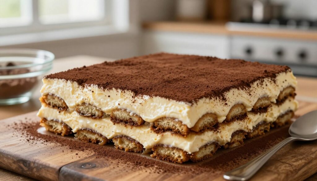 A beautifully arranged tiramisu dessert on a rustic wooden table, showcasing distinct layers of creamy mascarpone, coffee-soaked ladyfingers, and a generous dusting of chocolate cocoa powder on top. The foreground features a close-up view of the dessert, with rich textures of the cream and cocoa visible. In the middle, subtle hints of a cooling setup like a glass dish and a spoon rest beside the tiramisu. The background is softly blurred, revealing a cozy kitchen atmosphere with natural light streaming through a window, creating a warm, inviting mood. The image should evoke a sense of indulgence and craftsmanship, capturing the essence of assembling and cooling the tiramisu, with emphasis on the vivid cocoa layer.