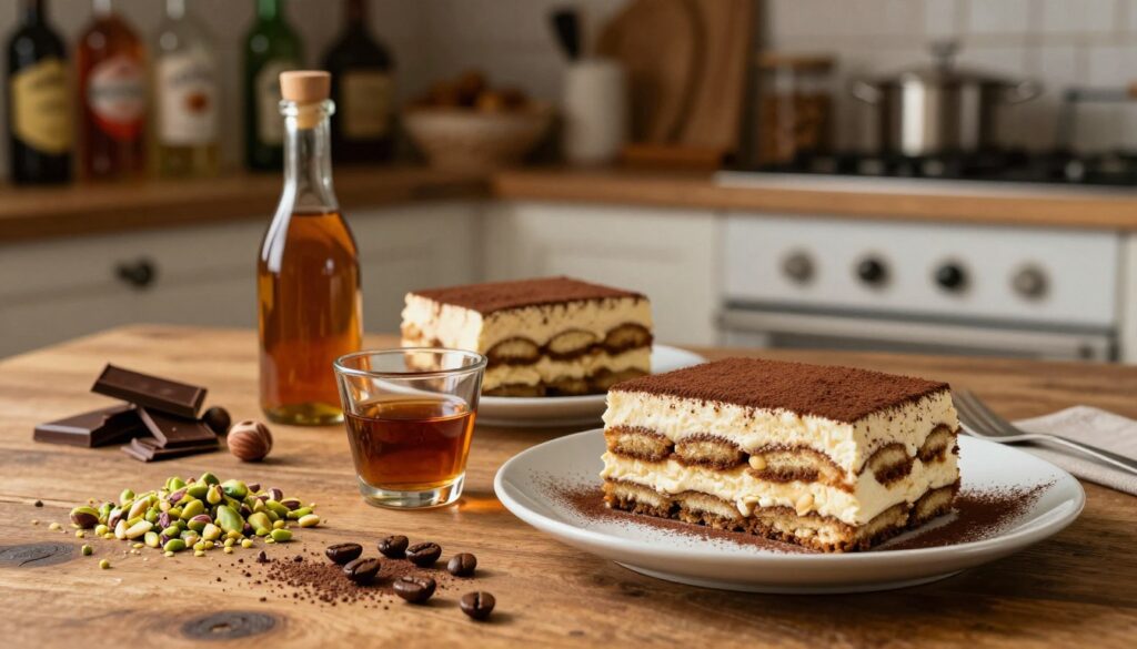 A beautifully arranged tiramisu dessert, showcasing an array of alternatives to amaretto. In the foreground, a slice of tiramisu has been delicately plated, garnished with cocoa powder and coffee beans, while a small glass containing hazelnut syrup and a bottle of almond essence sits beside it. In the middle, a rustic wooden table adds warmth, surrounded by tantalizing ingredients like crushed pistachios and rich chocolate shavings, hinting at the flavor variations. In the background, a softly lit kitchen with shelves of liqueurs and spices creates a cozy, inviting atmosphere. The warm, ambient lighting highlights the textures of the dessert and ingredients, evoking a sense of indulgence and creativity in personalizing the classic recipe. A beautifully arranged tiramisu dessert, showcasing an array of alternatives to amaretto. In the foreground, a slice of tiramisu has been delicately plated, garnished with cocoa powder and coffee beans, while a small glass containing hazelnut syrup and a bottle of almond essence sits beside it. In the middle, a rustic wooden table adds warmth, surrounded by tantalizing ingredients like crushed pistachios and rich chocolate shavings, hinting at the flavor variations. In the background, a softly lit kitchen with shelves of liqueurs and spices creates a cozy, inviting atmosphere. The warm, ambient lighting highlights the textures of the dessert and ingredients, evoking a sense of indulgence and creativity in personalizing the classic recipe.