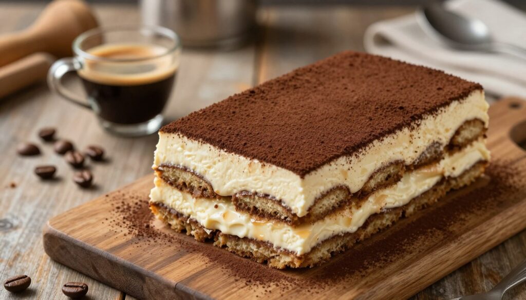 A beautifully arranged vegan tiramisu sits elegantly on a rustic wooden table, showcasing layered sections of creamy, dairy-free filling. The foreground captures the dessert's rich textures, with rich, dark cocoa powder dusting the top and a luscious, creamy texture visible in the layers. In the middle ground, delicate coffee beans and a small cup of espresso add warmth and depth, hinting at the dessert's flavors. The background has soft, blurred culinary tools and ingredients, enhancing the kitchen atmosphere. Gentle, natural lighting illuminates the scene, casting soft shadows that evoke a cozy, inviting mood. The shot is from a slightly elevated angle, allowing for an enticing perspective of the tiramisu's layers and the overall presentation, emphasizing its visual appeal and delectable nature.