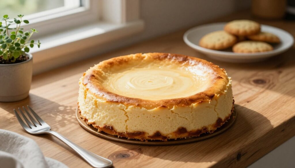 A beautifully baked cheesecake cooling on a rustic wooden kitchen countertop, surrounded by delicate utensils and a small potted herb for a touch of greenery. The cheesecake, golden-brown on top with a smooth, creamy surface, has slight cracks that are artfully displayed, emphasizing the importance of cooling techniques. Soft, warm light filters through a nearby window, casting gentle shadows and highlighting the creamy texture of the cheesecake. In the background, a classic white ceramic plate holds cooling biscuits, adding depth to the scene. The atmosphere is serene and inviting, perfect for a baking enthusiast’s kitchen, showcasing the moment of calm after baking. The image should capture the essence of patience and care in culinary arts, focusing on the perfect cooling process.