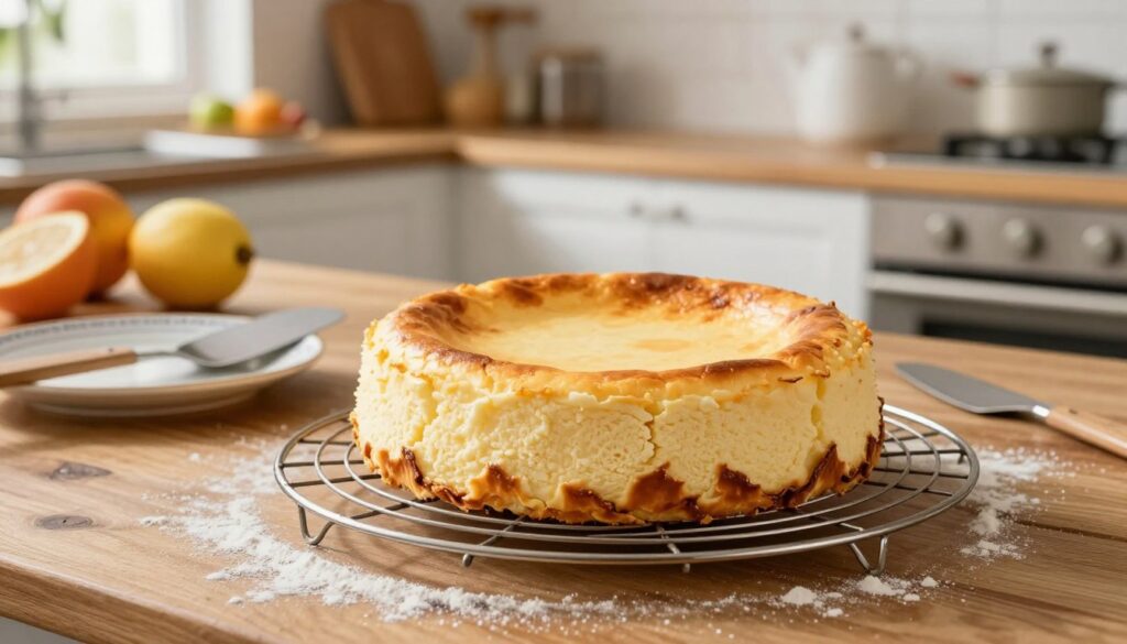 A beautifully baked cheesecake cooling on a wire rack in a warm kitchen. The cheesecake has a golden-brown top, with a smooth creamy surface and subtle cracks, indicating it has just come out of the oven. In the foreground, there is a light scattering of flour and a spatula resting beside an elegant serving plate, emphasizing the baking process. In the middle, a rustic wooden table contrasts with the modern kitchen decor, showcasing pots of fresh fruit nearby for decoration. The background features soft, natural lighting streaming through a window, illuminating the scene and creating a cozy, inviting atmosphere. The image captures the essence of freshly baked cheesecake, highlighting the moment before it is stored in the refrigerator. A beautifully baked cheesecake cooling on a wire rack in a warm kitchen. The cheesecake has a golden-brown top, with a smooth creamy surface and subtle cracks, indicating it has just come out of the oven. In the foreground, there is a light scattering of flour and a spatula resting beside an elegant serving plate, emphasizing the baking process. In the middle, a rustic wooden table contrasts with the modern kitchen decor, showcasing pots of fresh fruit nearby for decoration. The background features soft, natural lighting streaming through a window, illuminating the scene and creating a cozy, inviting atmosphere. The image captures the essence of freshly baked cheesecake, highlighting the moment before it is stored in the refrigerator.