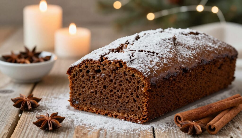 A beautifully baked, moist gingerbread cake, showcasing its rich, dark brown color with delicate, glistening edges. In the foreground, highlight the cake’s soft, fluffy texture, dusted lightly with powdered sugar and accompanied by a few cinnamon sticks and star anise for a touch of spice. In the middle ground, include a rustic wooden table with a cozy, inviting atmosphere, adorned with warm-toned candles and a small bowl of aromatic spices. The background features soft, blurred fairy lights, creating a warm glow that enhances the festive mood. The scene is brightly lit with soft, natural lighting to emphasize the inviting warmth of the gingerbread, evoking a sense of comfort and holiday cheer, captured at a slight angle to create depth. A beautifully baked, moist gingerbread cake, showcasing its rich, dark brown color with delicate, glistening edges. In the foreground, highlight the cake’s soft, fluffy texture, dusted lightly with powdered sugar and accompanied by a few cinnamon sticks and star anise for a touch of spice. In the middle ground, include a rustic wooden table with a cozy, inviting atmosphere, adorned with warm-toned candles and a small bowl of aromatic spices. The background features soft, blurred fairy lights, creating a warm glow that enhances the festive mood. The scene is brightly lit with soft, natural lighting to emphasize the inviting warmth of the gingerbread, evoking a sense of comfort and holiday cheer, captured at a slight angle to create depth.