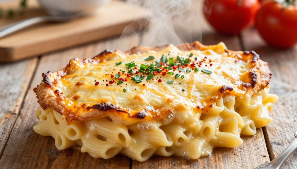 A beautifully baked "zapiekanka makaronowa" displayed on a rustic wooden table. In the foreground, the dish is heaped with creamy pasta coated in a rich, golden cheese sauce, topped with fresh herbs and a sprinkle of paprika. The middle section captures the melting cheese bubbling at the edges and the steam rising, indicating warmth and comfort. In the background, soft kitchen elements like a blurred cutting board, and fresh tomatoes provide context and color. Warm, natural lighting illuminates the dish, creating a cozy and inviting atmosphere, evoking the feeling of a homemade meal. The angle is slightly above and to the side, highlighting the texture and layers of the zapiekanka while ensuring the scene is vibrant and appetizing.