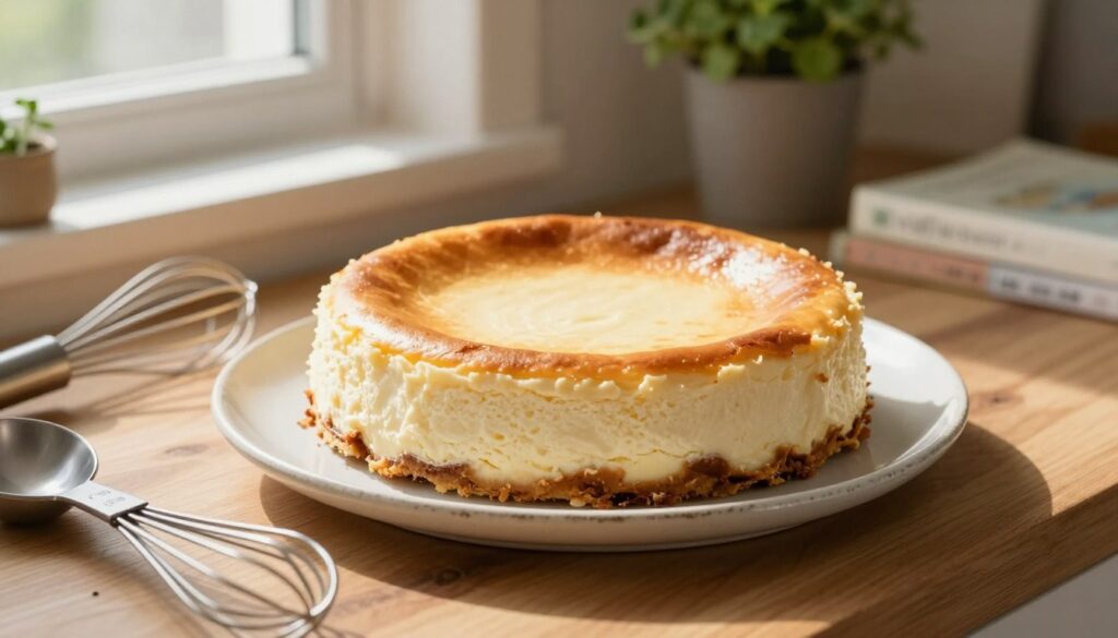 A beautifully crafted cheesecake cooling on a wooden kitchen counter, showcasing a perfectly golden-brown top and a creamy white texture. The cheesecake is placed on a rustic, white ceramic plate, surrounded by delicate kitchen utensils like a whisk and measuring spoons, subtly hinting at the baking process. Soft, natural light pours in through a nearby window, casting gentle shadows that create a warm, inviting atmosphere. In the background, there are blurred hints of kitchen decor, such as potted herbs and baking books, enhancing the homely feel. The focus should be tight on the cheesecake, capturing the elegance of its appearance, while the mood evokes a sense of anticipation and care, reflecting the importance of cooling in the baking process. A beautifully crafted cheesecake cooling on a wooden kitchen counter, showcasing a perfectly golden-brown top and a creamy white texture. The cheesecake is placed on a rustic, white ceramic plate, surrounded by delicate kitchen utensils like a whisk and measuring spoons, subtly hinting at the baking process. Soft, natural light pours in through a nearby window, casting gentle shadows that create a warm, inviting atmosphere. In the background, there are blurred hints of kitchen decor, such as potted herbs and baking books, enhancing the homely feel. The focus should be tight on the cheesecake, capturing the elegance of its appearance, while the mood evokes a sense of anticipation and care, reflecting the importance of cooling in the baking process.