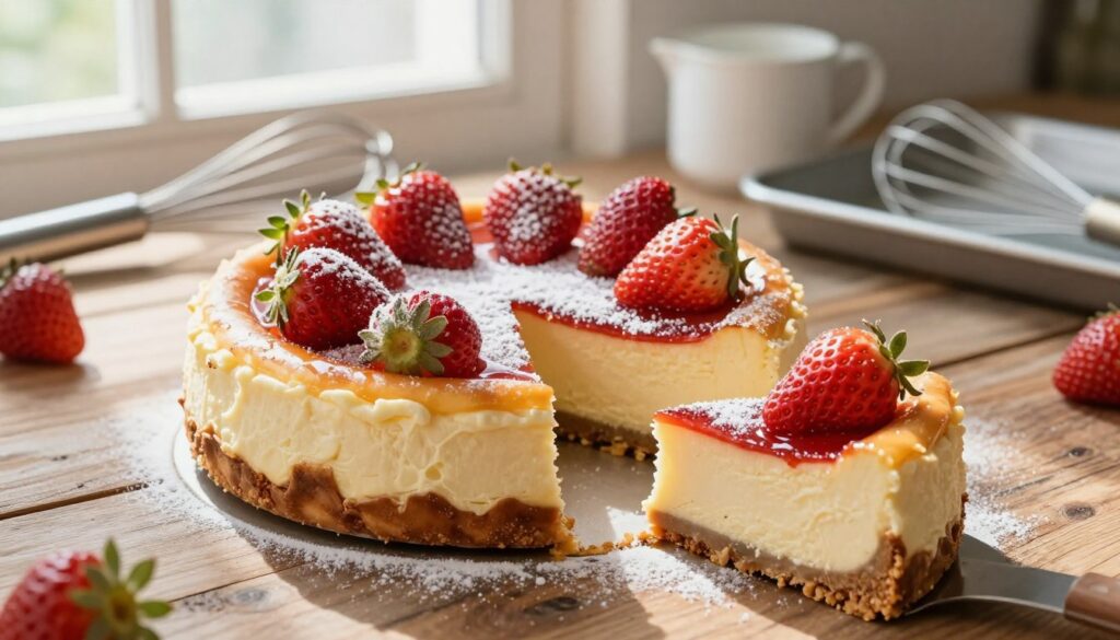 A beautifully crafted cheesecake sitting elegantly on a rustic wooden table, with a slice slightly cut out, revealing its creamy texture. The cheesecake is topped with a glossy layer of fresh strawberries and a light dusting of powdered sugar, invitingly presented. Soft, natural light cascades from a nearby window, highlighting the smooth surface and delicate crust of the cheesecake. In the background, there are kitchen tools like a whisk, measuring cups, and a baking tray, hinting at the baking process. The atmosphere is warm and inviting, evoking a sense of home baking. The image focuses on the cheesecake in the foreground with a shallow depth of field, creating a cozy, intimate vibe, perfect for illustrating baking tips. A beautifully crafted cheesecake sitting elegantly on a rustic wooden table, with a slice slightly cut out, revealing its creamy texture. The cheesecake is topped with a glossy layer of fresh strawberries and a light dusting of powdered sugar, invitingly presented. Soft, natural light cascades from a nearby window, highlighting the smooth surface and delicate crust of the cheesecake. In the background, there are kitchen tools like a whisk, measuring cups, and a baking tray, hinting at the baking process. The atmosphere is warm and inviting, evoking a sense of home baking. The image focuses on the cheesecake in the foreground with a shallow depth of field, creating a cozy, intimate vibe, perfect for illustrating baking tips.