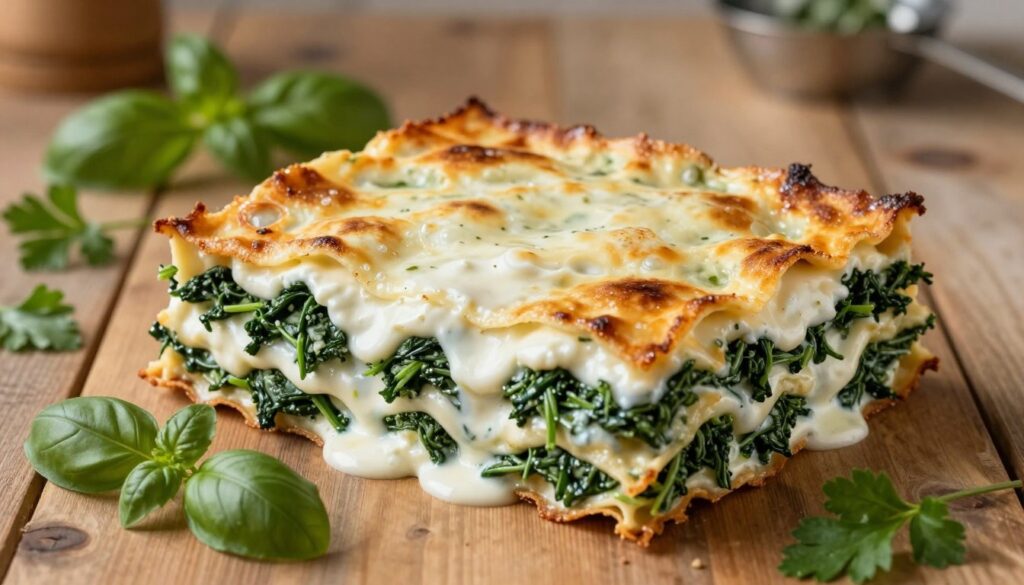A beautifully crafted lasagna with layers of luscious spinach and creamy ricotta is the centerpiece of the image, showcasing the vibrant green of the spinach contrasted against the white, velvety béchamel sauce. The lasagna is cut into perfect squares, with a light golden-brown top, slightly bubbling at the edges. Surrounding the dish are fresh herbs like basil and parsley, adding a pop of color. In the background, a rustic wooden table sets a warm, inviting atmosphere, with soft, natural lighting illuminating the dish from the side, creating gentle shadows. Capture the essence of comfort food in a homey kitchen setting, evoking a sense of warmth and satisfaction. The angle is slightly above the dish to emphasize the layers and textures without any text or watermarks. A beautifully crafted lasagna with layers of luscious spinach and creamy ricotta is the centerpiece of the image, showcasing the vibrant green of the spinach contrasted against the white, velvety béchamel sauce. The lasagna is cut into perfect squares, with a light golden-brown top, slightly bubbling at the edges. Surrounding the dish are fresh herbs like basil and parsley, adding a pop of color. In the background, a rustic wooden table sets a warm, inviting atmosphere, with soft, natural lighting illuminating the dish from the side, creating gentle shadows. Capture the essence of comfort food in a homey kitchen setting, evoking a sense of warmth and satisfaction. The angle is slightly above the dish to emphasize the layers and textures without any text or watermarks.