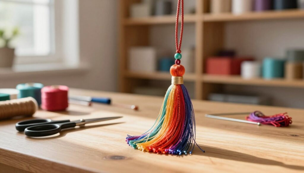 A beautifully crafted tassel (chwost) for a handbag, elegantly displayed in a well-lit workshop setting. In the foreground, the tassel is the main focus, showcasing its vibrant colors and intricate details, with threads cascading gracefully. In the middle, tools for crafting, such as scissors, a needle, and colorful threads are arranged neatly on a wooden table, hinting at the DIY nature of the project. The background features soft, blurred shelves filled with various crafting materials, creating an inviting atmosphere. Natural light streams in from a nearby window, casting gentle highlights and shadows, enhancing the texture of the materials. Overall, the image conveys a warm and creative mood, inspiring viewers to explore the art of making their own tassels. A beautifully crafted tassel (chwost) for a handbag, elegantly displayed in a well-lit workshop setting. In the foreground, the tassel is the main focus, showcasing its vibrant colors and intricate details, with threads cascading gracefully. In the middle, tools for crafting, such as scissors, a needle, and colorful threads are arranged neatly on a wooden table, hinting at the DIY nature of the project. The background features soft, blurred shelves filled with various crafting materials, creating an inviting atmosphere. Natural light streams in from a nearby window, casting gentle highlights and shadows, enhancing the texture of the materials. Overall, the image conveys a warm and creative mood, inspiring viewers to explore the art of making their own tassels.
