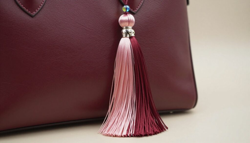 A beautifully crafted tassel ideal for bag embellishment, showcasing a gradient ombre effect transitioning from deep burgundy at the top to soft blush pink at the tips. The tassel is adorned with small metal charms and colorful beads that add character and personality. In the foreground, the tassel is elegantly displayed, fully in focus, with a sleek leather handbag partially visible in the background, emphasizing its stylish application. Soft, diffused lighting creates a warm atmosphere, highlighting the texture of the tassel fibers and the luster of the metal accents. The image is captured with a shallow depth of field, drawing attention to the intricate details of the tassel while maintaining an elegant and sophisticated backdrop. A beautifully crafted tassel ideal for bag embellishment, showcasing a gradient ombre effect transitioning from deep burgundy at the top to soft blush pink at the tips. The tassel is adorned with small metal charms and colorful beads that add character and personality. In the foreground, the tassel is elegantly displayed, fully in focus, with a sleek leather handbag partially visible in the background, emphasizing its stylish application. Soft, diffused lighting creates a warm atmosphere, highlighting the texture of the tassel fibers and the luster of the metal accents. The image is captured with a shallow depth of field, drawing attention to the intricate details of the tassel while maintaining an elegant and sophisticated backdrop.
