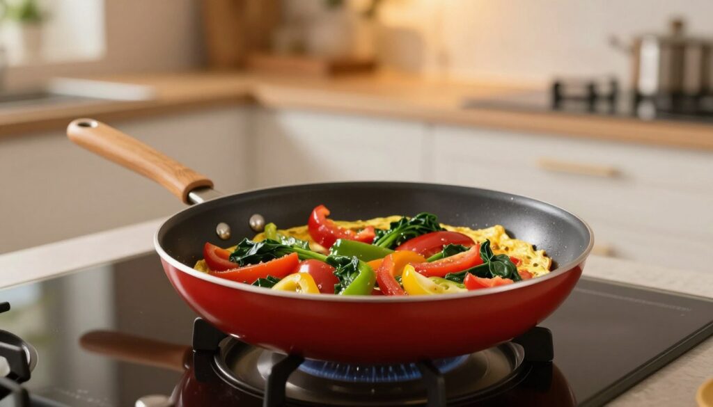 A beautifully designed frying pan (patelnia) placed on a modern stovetop, with vibrant colors reflecting off its polished surface. The frying pan is filled with a mix of sautéed vegetables, showcasing fresh bell peppers, tomatoes, and leafy spinach cooked to perfection. The background features a softly lit kitchen setting, with warm, ambient lighting creating a cozy atmosphere, emphasizing the inviting nature of cooking. The camera angle captures a close-up shot, focusing on the frying pan while showcasing the elegant kitchen design in a blurred background. The image evokes a sense of warmth and home-cooked comfort, making the viewer eager to explore the art of cooking a flawless vegetable omelet.