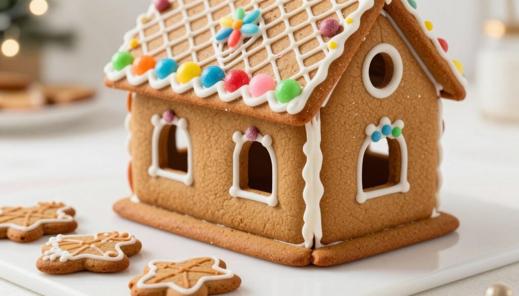 A beautifully detailed gingerbread house featuring perfectly cut walls and a symmetrical roof, resting on a clean white surface. In the foreground, freshly baked gingerbread pieces are displayed, showcasing their smooth, even edges and intricate patterns. The middle ground features a decorated gingerbread house with vibrant icing, adorned with colorful candies, and glistening sugar decorations, creating a whimsical look. The background is softly blurred to emphasize the house, with warm, diffused lighting enhancing the festive atmosphere. The scene exudes a cheerful, enchanting mood, inviting viewers into a fairytale world. The overall composition is crisp and well-defined, capturing the meticulous craftsmanship involved in baking and decorating a gingerbread house.