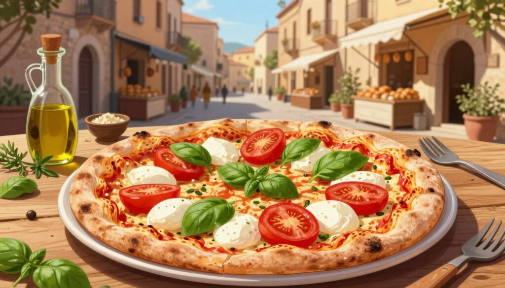 A beautifully detailed illustration of a traditional pizza styled after the culinary art of the 10th century, specifically around the year 997. In the foreground, the pizza features a thick, golden crust topped with a vibrant array of fresh ingredients: bright red tomatoes, creamy white mozzarella, and fresh green basil, all artfully arranged. The middle ground should include a rustic wooden table, adorned with olive oil, herbs, and kitchen utensils that evoke a sense of historical authenticity. The background captures a quaint Neapolitan street scene, with charming stone buildings and market stalls, bathed in warm, golden hour lighting. The atmosphere is inviting and nostalgic, reflecting the rich history of pizza's origins. Soft focus adds a dreamy quality, emphasizing the connection between past and present.