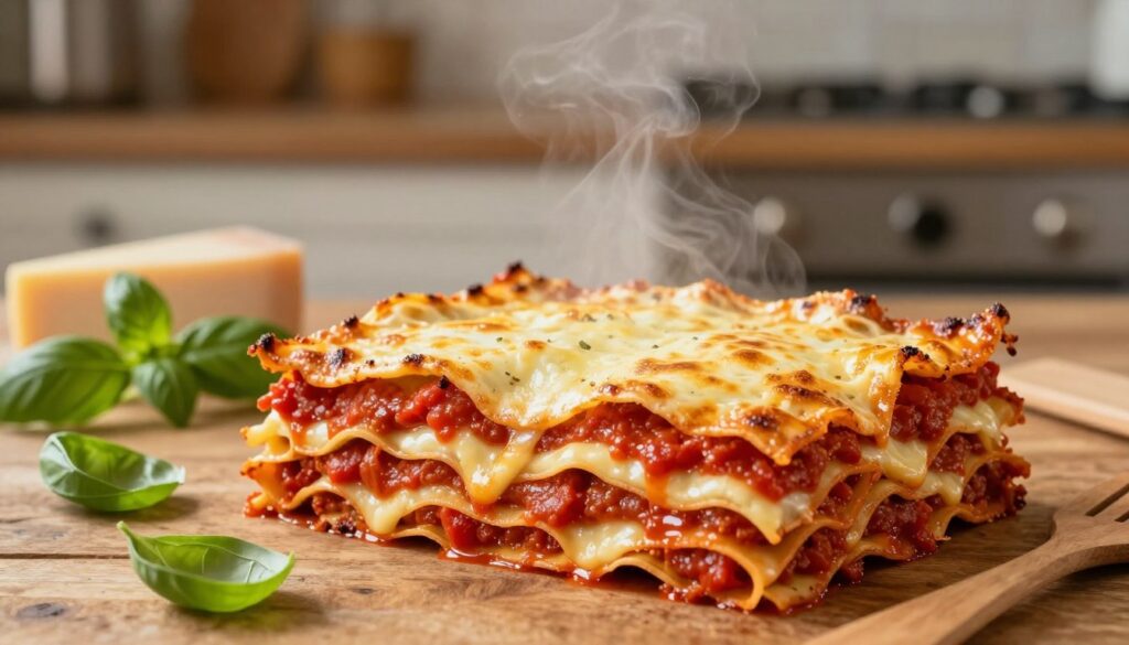 A beautifully layered lasagne sits on a rustic wooden table, showcasing vibrant layers of rich, homemade tomato sauce, creamy béchamel, and melted, golden cheese. The foreground features a close-up view of the lasagne, illustrating its distinct layers, with steam rising gently, hinting at its warmth. In the middle, a few scattered ingredients like fresh basil leaves, a block of parmesan cheese, and a wooden spatula suggest preparation. The background is softly blurred, revealing a cozy kitchen with warm lighting that evokes a homely atmosphere. The overall mood is inviting and appetizing, capturing the essence of traditional Italian cooking, perfect for illustrating the art of layering. A beautifully layered lasagne sits on a rustic wooden table, showcasing vibrant layers of rich, homemade tomato sauce, creamy béchamel, and melted, golden cheese. The foreground features a close-up view of the lasagne, illustrating its distinct layers, with steam rising gently, hinting at its warmth. In the middle, a few scattered ingredients like fresh basil leaves, a block of parmesan cheese, and a wooden spatula suggest preparation. The background is softly blurred, revealing a cozy kitchen with warm lighting that evokes a homely atmosphere. The overall mood is inviting and appetizing, capturing the essence of traditional Italian cooking, perfect for illustrating the art of layering.