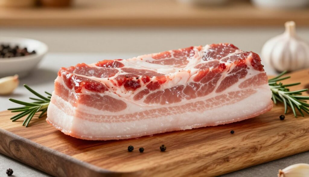 A beautifully marbled piece of pork belly, expertly displayed on a rustic wooden cutting board. The pork shows a balanced layer of fat and meat, glistening with a light sheen. Surrounding the pork are fresh herbs like rosemary and thyme, enhancing the visual allure of the meat. In the background, a soft focus reveals a kitchen setting with soft, warm lighting, creating a cozy atmosphere. A hint of spices like black peppercorns and garlic cloves can be glimpsed, suggesting the marination process. The composition emphasizes the raw beauty of the meat, inviting the viewer to appreciate its quality in preparation for roasting. Use a close-up angle to capture intricate details of the pork's texture and color, ensuring the overall mood is warm and inviting.