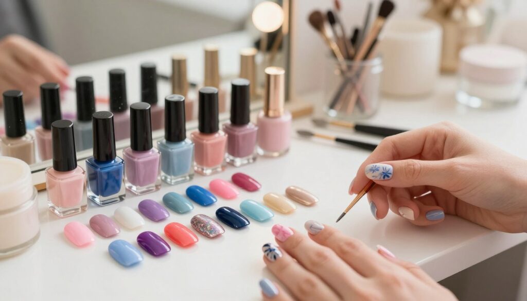 A beautifully organized display of trendy gel nail colors for this year, featuring a range of vivid hues such as pastel pinks, deep blues, and shimmering metallics. The foreground shows a close-up of elegantly manicured hands showcasing different nail designs, each nail adorned with unique patterns: ombre effects, marbling, and delicate floral accents. In the middle ground, an array of nail polish bottles, art tools, and decorative items are artfully arranged. The background features a soft-focus, elegantly styled vanity with natural light streaming in, creating a warm and inviting atmosphere. The composition captures a sense of creativity and inspiration, inviting viewers into the world of modern gel nail art. Perfectly styled and glowing in soft, diffused lighting, this image conveys a fresh, fashionable vibe. A beautifully organized display of trendy gel nail colors for this year, featuring a range of vivid hues such as pastel pinks, deep blues, and shimmering metallics. The foreground shows a close-up of elegantly manicured hands showcasing different nail designs, each nail adorned with unique patterns: ombre effects, marbling, and delicate floral accents. In the middle ground, an array of nail polish bottles, art tools, and decorative items are artfully arranged. The background features a soft-focus, elegantly styled vanity with natural light streaming in, creating a warm and inviting atmosphere. The composition captures a sense of creativity and inspiration, inviting viewers into the world of modern gel nail art. Perfectly styled and glowing in soft, diffused lighting, this image conveys a fresh, fashionable vibe.