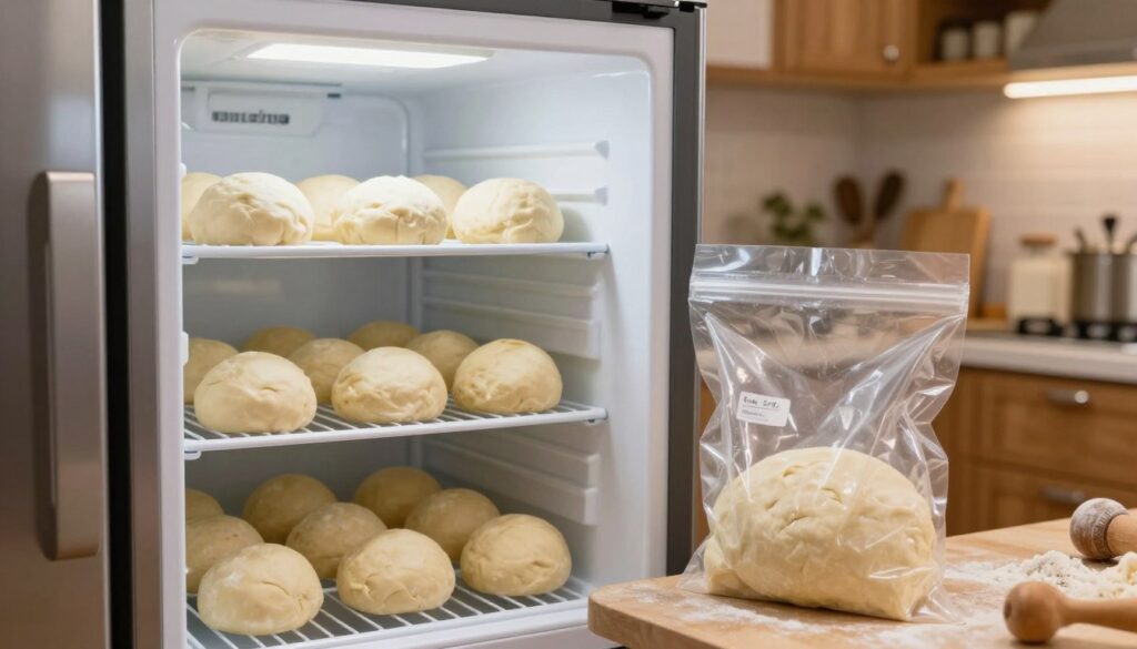 A beautifully organized kitchen scene showcasing a modern freezer filled with neatly packaged pizza dough balls. In the foreground, focus on a clear, resealable plastic bag containing fresh pizza dough, with a small label indicating the date. The middle ground features a well-lit, stainless steel freezer with shelves lined with various frozen ingredients, emphasizing the importance of organization. The background shows a cozy kitchen atmosphere with warm lighting, wooden cabinets, and a countertop adorned with floured pizza-making tools. Capture the texture of the dough, highlighting its smooth surface and subtle sheen. The overall mood is inviting and practical, inspiring viewers to consider proper food storage methods in their own homes.
