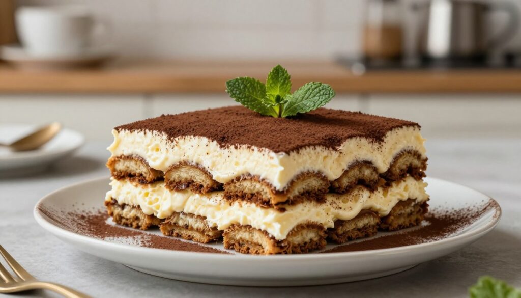 A beautifully plated amaretto tiramisu, elegantly layered and decorated for a sophisticated presentation. The tiramisu showcases rich, creamy mascarpone interspersed with delicate coffee-soaked ladyfingers, subtly flavored with hints of amaretto. In the foreground, fresh cocoa powder dusting adds a touch of sophistication, while a sprig of mint provides a splash of color. Soft, warm, natural lighting highlights the creamy textures and deep brown tones of the dessert, creating a inviting atmosphere. The background features a minimalist kitchen setting with blurred, rustic wooden shelves and soft-focus coffee cups, enhancing the focus on the tiramisu. The overall mood is indulgent yet refined, perfect for a culinary article about flavors that complement this classic Italian dessert. A beautifully plated amaretto tiramisu, elegantly layered and decorated for a sophisticated presentation. The tiramisu showcases rich, creamy mascarpone interspersed with delicate coffee-soaked ladyfingers, subtly flavored with hints of amaretto. In the foreground, fresh cocoa powder dusting adds a touch of sophistication, while a sprig of mint provides a splash of color. Soft, warm, natural lighting highlights the creamy textures and deep brown tones of the dessert, creating a inviting atmosphere. The background features a minimalist kitchen setting with blurred, rustic wooden shelves and soft-focus coffee cups, enhancing the focus on the tiramisu. The overall mood is indulgent yet refined, perfect for a culinary article about flavors that complement this classic Italian dessert.