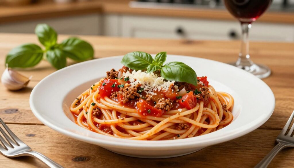 A beautifully plated bowl of spaghetti bolognese, showcasing al dente pasta twirled elegantly beside a rich, homemade meat sauce. The sauce, bursting with vibrant tomatoes, finely chopped onions, and aromatic herbs like basil and oregano, simmers gently with visible chunks of ground meat. In the foreground, a sprinkle of freshly grated Parmesan cheese adds a touch of elegance. The background features a rustic wooden table, accented by a softly lit kitchen atmosphere, with warm golden lighting highlighting the plate. A few fresh ingredients like garlic cloves, a sprig of basil, and a glass of red wine are artfully placed nearby, enhancing the inviting and cozy mood of a home-cooked meal. The scene captures the essence of comfort food, emphasizing the key ingredients that elevate the flavor of the sauce. A beautifully plated bowl of spaghetti bolognese, showcasing al dente pasta twirled elegantly beside a rich, homemade meat sauce. The sauce, bursting with vibrant tomatoes, finely chopped onions, and aromatic herbs like basil and oregano, simmers gently with visible chunks of ground meat. In the foreground, a sprinkle of freshly grated Parmesan cheese adds a touch of elegance. The background features a rustic wooden table, accented by a softly lit kitchen atmosphere, with warm golden lighting highlighting the plate. A few fresh ingredients like garlic cloves, a sprig of basil, and a glass of red wine are artfully placed nearby, enhancing the inviting and cozy mood of a home-cooked meal. The scene captures the essence of comfort food, emphasizing the key ingredients that elevate the flavor of the sauce.