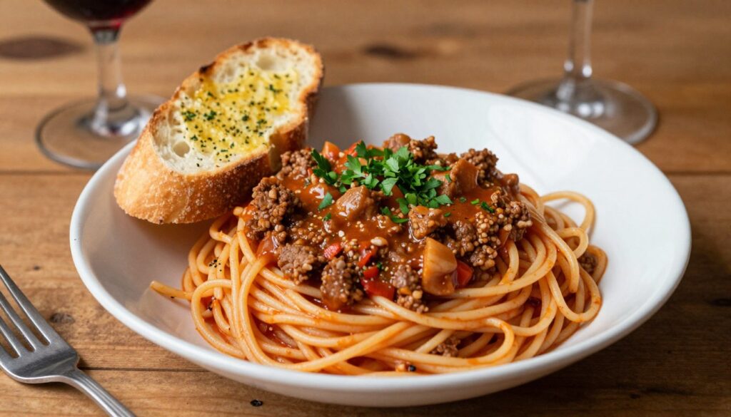 A beautifully plated bowl of spaghetti bolognese, showcasing perfectly cooked al dente spaghetti intertwined with a rich, chunky meat sauce. The sauce, dotted with pieces of tender ground beef and pork, glistens in the warm, ambient lighting, enhancing its appetizing allure. Freshly chopped parsley is sprinkled on top, adding a vibrant pop of color. A side of crusty garlic bread, with a golden-brown crust, complements the dish. The setting features a rustic wooden table, with an elegant wine glass in the background, hinting at a cozy dining atmosphere. The composition is at eye level, focusing on the textures and vibrant colors, creating an inviting, wholesome feel perfect for capturing the essence of homemade bolognese. A beautifully plated bowl of spaghetti bolognese, showcasing perfectly cooked al dente spaghetti intertwined with a rich, chunky meat sauce. The sauce, dotted with pieces of tender ground beef and pork, glistens in the warm, ambient lighting, enhancing its appetizing allure. Freshly chopped parsley is sprinkled on top, adding a vibrant pop of color. A side of crusty garlic bread, with a golden-brown crust, complements the dish. The setting features a rustic wooden table, with an elegant wine glass in the background, hinting at a cozy dining atmosphere. The composition is at eye level, focusing on the textures and vibrant colors, creating an inviting, wholesome feel perfect for capturing the essence of homemade bolognese.