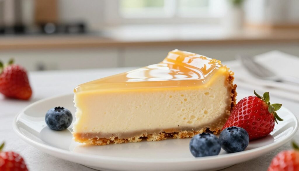 A beautifully plated cheesecake slice adorned with a glossy layer of translucent gelatine on top, showcasing a rich and creamy filling. The cheesecake is set on an elegant white plate with a minimalist design, surrounded by fresh berries like strawberries and blueberries, which add vibrant color. In the background, a soft-focus kitchen setting hints at a serene cooking environment with natural light streaming through a window, illuminating the scene. The mood is wholesome and inviting, capturing the essence of a delightful dessert suitable for special diets. The composition features a close-up perspective, emphasizing the creamy texture of the cheesecake and the shiny gelatine layer. A beautifully plated cheesecake slice adorned with a glossy layer of translucent gelatine on top, showcasing a rich and creamy filling. The cheesecake is set on an elegant white plate with a minimalist design, surrounded by fresh berries like strawberries and blueberries, which add vibrant color. In the background, a soft-focus kitchen setting hints at a serene cooking environment with natural light streaming through a window, illuminating the scene. The mood is wholesome and inviting, capturing the essence of a delightful dessert suitable for special diets. The composition features a close-up perspective, emphasizing the creamy texture of the cheesecake and the shiny gelatine layer.