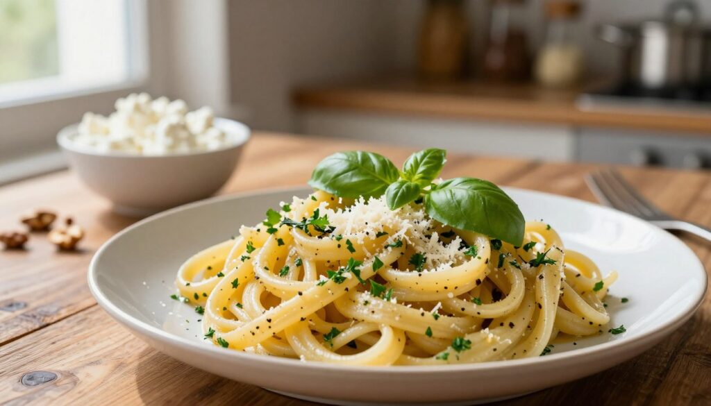A beautifully plated dish of al dente pasta coated in a light, savory sauce, with individual strands perfectly holding their shape. In the foreground, the pasta is adorned with a sprinkle of freshly grated parmesan and freshly chopped herbs, such as basil and parsley, enhancing its vibrant colors. The middle ground includes a rustic wooden table holding a small bowl of creamy cottage cheese and a sprinkle of nuts, hinting at sweet and savory variations. Soft, natural light floods the scene from a window to the side, creating warm highlights and gentle shadows. In the background, blurred kitchen elements like pots and spices add depth, conveying a cozy, home-cooked ambiance. Overall, the mood is inviting and appetizing, ideal for showcasing the art of cooking pasta al dente. A beautifully plated dish of al dente pasta coated in a light, savory sauce, with individual strands perfectly holding their shape. In the foreground, the pasta is adorned with a sprinkle of freshly grated parmesan and freshly chopped herbs, such as basil and parsley, enhancing its vibrant colors. The middle ground includes a rustic wooden table holding a small bowl of creamy cottage cheese and a sprinkle of nuts, hinting at sweet and savory variations. Soft, natural light floods the scene from a window to the side, creating warm highlights and gentle shadows. In the background, blurred kitchen elements like pots and spices add depth, conveying a cozy, home-cooked ambiance. Overall, the mood is inviting and appetizing, ideal for showcasing the art of cooking pasta al dente.