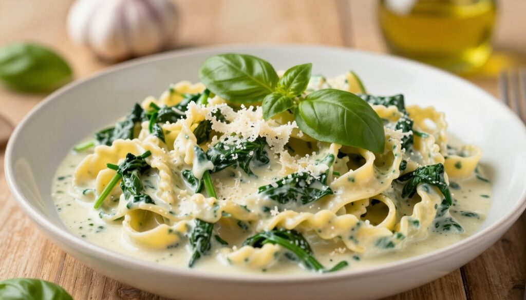 A beautifully plated dish of creamy pasta with spinach, featuring twisted strands of al dente fettuccine coated in a rich, velvety cream sauce. In the foreground, delicately garnished with a sprinkle of grated Parmesan cheese and fresh basil leaves. The vibrant green of the sautéed spinach contrasts beautifully with the creamy sauce. In the middle, a soft-focus effect highlights the pasta, while hints of garlic and olive oil can be seen in the background, creating an inviting aroma. The lighting is warm and natural, capturing the creamy texture and colors of the ingredients. A wooden table setting conveys a rustic, homey feel, enhancing the overall mood of comfort and indulgence.