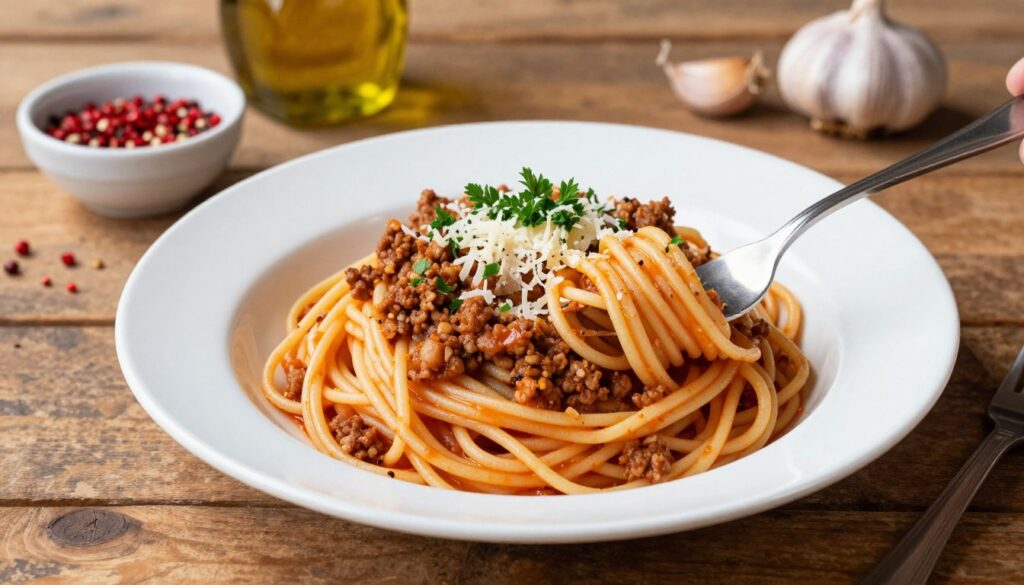 A beautifully plated dish of spaghetti bolognese, showcasing perfectly cooked al dente spaghetti intertwined with rich, savory minced meat sauce. The foreground features a fork elegantly twirled into the pasta, with a sprinkle of fresh parsley and grated Parmesan cheese on top, adding a pop of color. In the middle background, a rustic wooden table sets the scene, adorned with a small bowl of crushed red pepper flakes, a bottle of olive oil, and a few cloves of garlic. Soft, warm lighting casts a cozy glow over the dish, creating an inviting atmosphere. The angle is slightly overhead, emphasizing the textures of the sauce and pasta, capturing the essence of Italian culinary tradition. A beautifully plated dish of spaghetti bolognese, showcasing perfectly cooked al dente spaghetti intertwined with rich, savory minced meat sauce. The foreground features a fork elegantly twirled into the pasta, with a sprinkle of fresh parsley and grated Parmesan cheese on top, adding a pop of color. In the middle background, a rustic wooden table sets the scene, adorned with a small bowl of crushed red pepper flakes, a bottle of olive oil, and a few cloves of garlic. Soft, warm lighting casts a cozy glow over the dish, creating an inviting atmosphere. The angle is slightly overhead, emphasizing the textures of the sauce and pasta, capturing the essence of Italian culinary tradition.