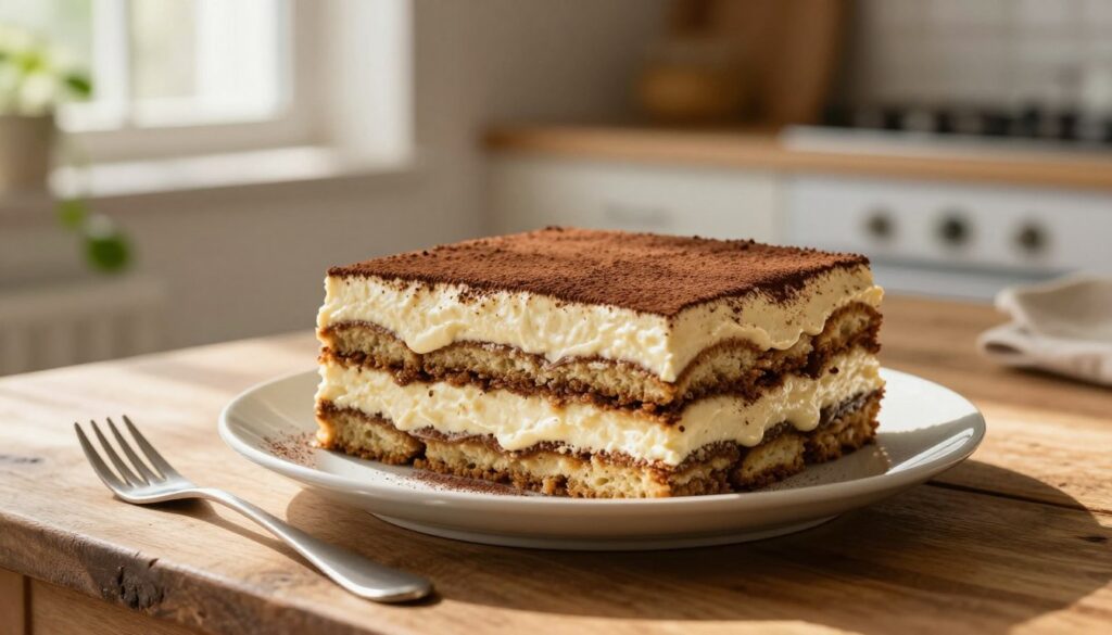 A beautifully plated keto tiramisu ciasto sits on a rustic wooden table, showcasing its layered structure of rich coffee-soaked almond sponge cake interspersed with a creamy mascarpone frosting. The layers of dessert are visible, with hints of cocoa powder dusting the top. In the foreground, a delicate fork is resting beside the cake, inviting the viewer to indulge. Soft afternoon sunlight filters through a nearby window, casting a warm glow on the scene, enhancing the inviting atmosphere. In the background, a simple yet elegant kitchen setting with subtle greenery adds freshness without distracting from the main focus. The overall mood is cozy and inviting, perfect for illustrating a step-by-step process in creating this delightful, low-carb version of the classic dessert.