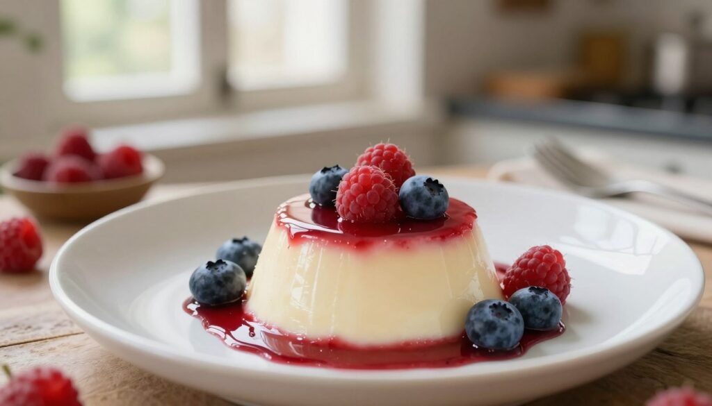 A beautifully plated panna cotta dessert, featuring a creamy, smooth texture and a glossy top, garnished with fresh berries like raspberries and blueberries. The panna cotta is elegantly served in a minimalist white dish, with a small drizzle of rich berry sauce artistically pooling around it. In the background, a soft-focus, rustic Italian kitchen setting is present, with warm, natural lighting coming from a nearby window, enhancing the creamy look of the panna cotta. The scene conveys a feel of warmth and inviting simplicity, evoking the charm of traditional Italian cuisine. The angle should be slightly overhead, capturing the panna cotta's delicate layers and vibrant colors, with a light bokeh effect on the edges to emphasize the dish as the focal point. A beautifully plated panna cotta dessert, featuring a creamy, smooth texture and a glossy top, garnished with fresh berries like raspberries and blueberries. The panna cotta is elegantly served in a minimalist white dish, with a small drizzle of rich berry sauce artistically pooling around it. In the background, a soft-focus, rustic Italian kitchen setting is present, with warm, natural lighting coming from a nearby window, enhancing the creamy look of the panna cotta. The scene conveys a feel of warmth and inviting simplicity, evoking the charm of traditional Italian cuisine. The angle should be slightly overhead, capturing the panna cotta's delicate layers and vibrant colors, with a light bokeh effect on the edges to emphasize the dish as the focal point.