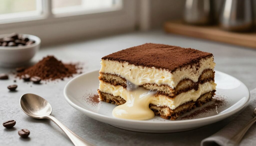 A beautifully plated tiramisu dessert slightly tilting on a white ceramic plate, showing a creamy filling that appears too runny, threatening to spill over. In the foreground, a delicate silver spoon rests beside the plate, hinting at the dessert's lavishness. The middle ground features a soft-focus view of a rustic kitchen setting with ingredients like cocoa powder and coffee beans artfully arranged, creating an inviting yet urgent atmosphere. Soft, warm lighting emanates from a window, casting gentle shadows on the surface, enhancing the textures of the dessert and kitchen. The mood is a blend of concern and culinary creativity, inviting the viewer to find solutions to rescue the dessert while maintaining its elegant charm.