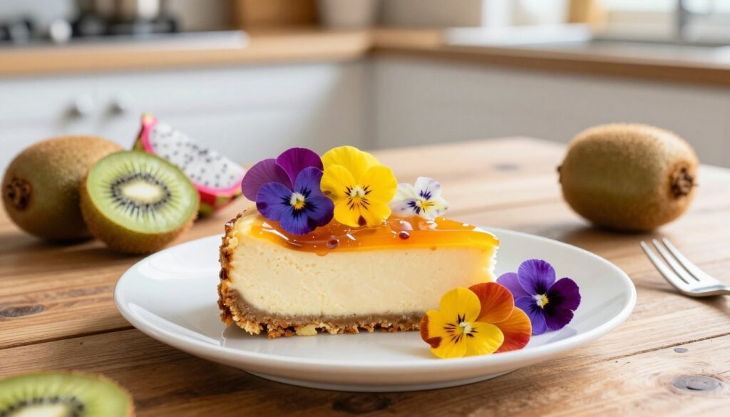 A beautifully presented cheesecake adorned with unusual toppings. In the foreground, a slice of creamy cheesecake sits on an elegant white plate, decorated with vibrant edible flowers, such as pansies and violets, adding a pop of color. Glimmering jelly made from tropical fruits drapes over the top, reflecting soft light. Exotic fruits like dragon fruit and kiwi are artistically arranged around the cheesecake, emphasizing their unique textures and bright hues. In the middle ground, a rustic wooden table provides a warm base, while a softly blurred kitchen setting can be seen in the background, enhancing the cozy atmosphere. The lighting is bright and natural, suggesting a sunlit afternoon, inviting the viewer to explore these extraordinary and enticing decorations.