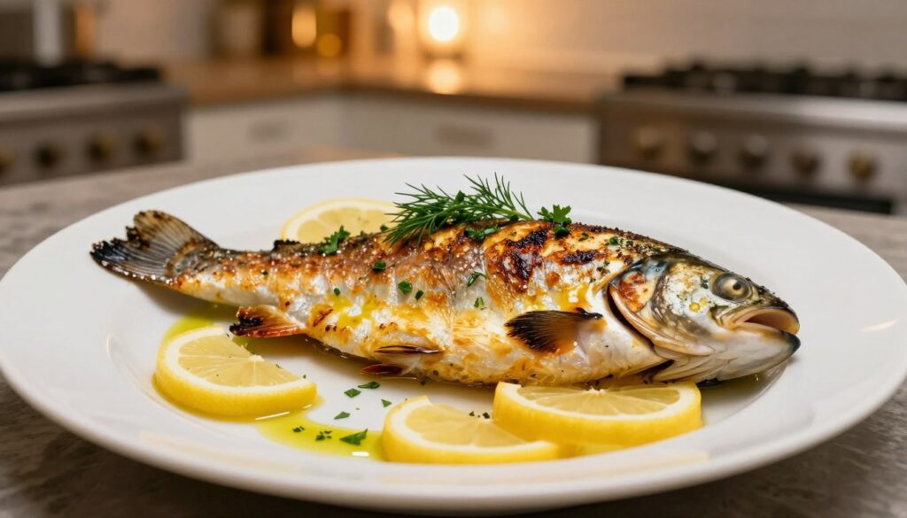 A beautifully roasted trout served on an elegant white plate, garnished with fresh herbs like dill and parsley, surrounded by slices of lemon and a drizzle of olive oil. The trout has a crisp golden skin, with delightful browning that highlights its freshly cooked texture. In the background, a softly lit kitchen setting with warm ambient light creates a cozy atmosphere. The scene is captured from a slightly overhead angle to emphasize the dish's details and presentation. The soft focus on the background enhances the foreground, drawing attention to the richly colored trout, making it the centerpiece of this enticing culinary image.