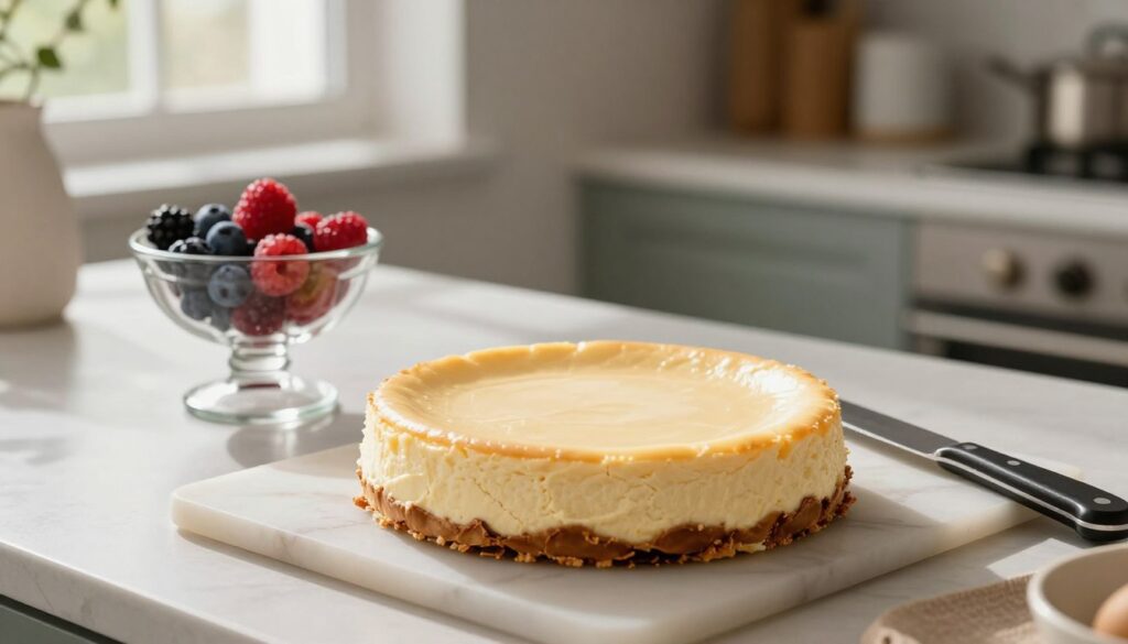 A beautifully staged kitchen counter showcasing a freshly prepared cheesecake, with the cooling process in progress. In the foreground, a round cheesecake sits on a clean cutting board, its smooth top perfectly even and devoid of cracks, exuding a creamy texture. A sharp knife rests beside it, ready for slicing. The middle layer features an elegant glass dish filled with vibrant mixed berries, enhancing the dessert's visual appeal. In the background, soft natural light filters through a window, casting gentle shadows that create a warm and inviting atmosphere. The kitchen is minimalist yet cozy, with muted colors and subtle kitchenware, emphasizing the focus on the cheesecake. The overall mood is calm and refined, perfect for a culinary masterpiece in preparation.