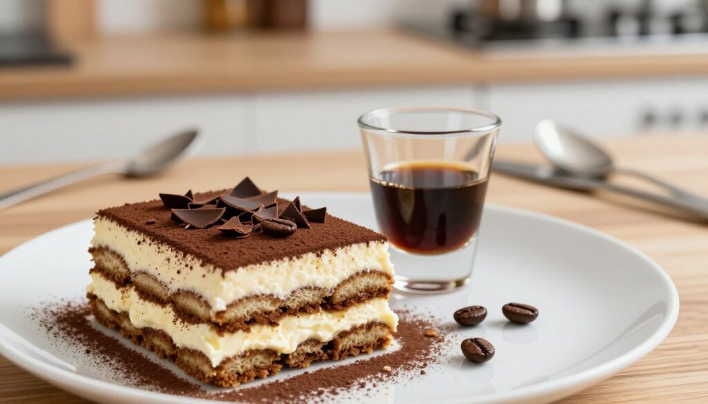 A beautifully styled amaretto tiramisu alternative, showcasing layers of creamy mascarpone and espresso-soaked ladyfingers, placed on an elegant white plate. The foreground features a slice of tiramisu garnished with chocolate shavings and coffee beans, with a sprinkle of cocoa powder adding texture. In the middle, a small glass of coffee liqueur or an intricate non-alcoholic syrup alternative sits beside the dessert, emphasizing its flavor transformation. The background is softly blurred with warm, inviting kitchen elements, such as a wooden countertop and delicate dessert utensils. Soft, natural lighting enhances the rich colors and textures, creating a cozy and inviting atmosphere, perfect for a dessert experience. A slight overhead angle adds depth, showcasing the dessert's layers in a deliciously enticing way.