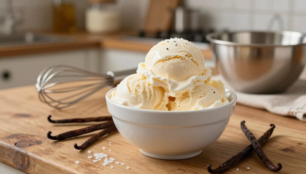 A beautifully styled bowl of creamy vanilla ice cream, surrounded by fresh vanilla beans and a sprinkle of sea salt, placed on a rustic wooden kitchen table. The foreground features a scoop of perfectly formed ice cream, glistening under soft, warm lighting. In the middle, there are kitchen tools like a whisk and a stainless steel mixing bowl to imply a homemade touch. The background contains a blurred view of a cozy kitchen with shelves adorned with baking ingredients, creating a warm and inviting atmosphere. The lighting highlights the rich, creamy texture of the ice cream, evoking a sense of indulgence and comfort. The composition should be well-balanced and visually appealing, showcasing the essence of making homemade vanilla ice cream.
