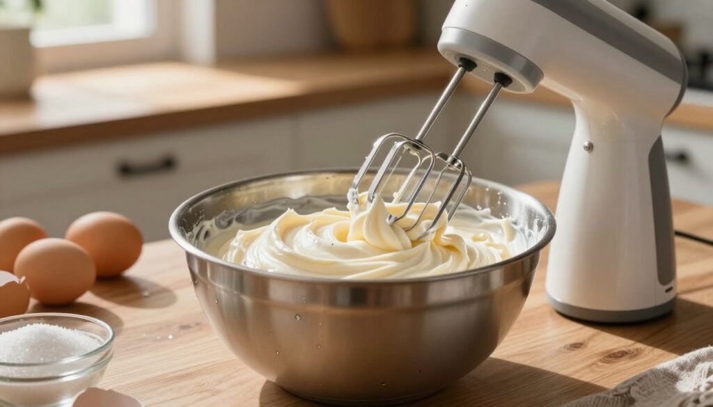 A beautifully styled, creamy mascarpone mixture being whipped in a stainless steel bowl, with soft peaks just forming, illustrating the light and airy texture of the cream. In the foreground, a sleek handheld mixer is positioned beside the bowl, droplets of cream glistening. The middle ground features an elegant backdrop of a rustic kitchen setting, with wooden countertops and soft natural light filtering in through a window, casting gentle shadows. Fresh ingredients like eggs and sugar are artfully arranged around the bowl, hinting at the preparation process. The overall mood conveys a warm, inviting atmosphere, inspiring the viewer to engage in the art of making a delicious dessert.
