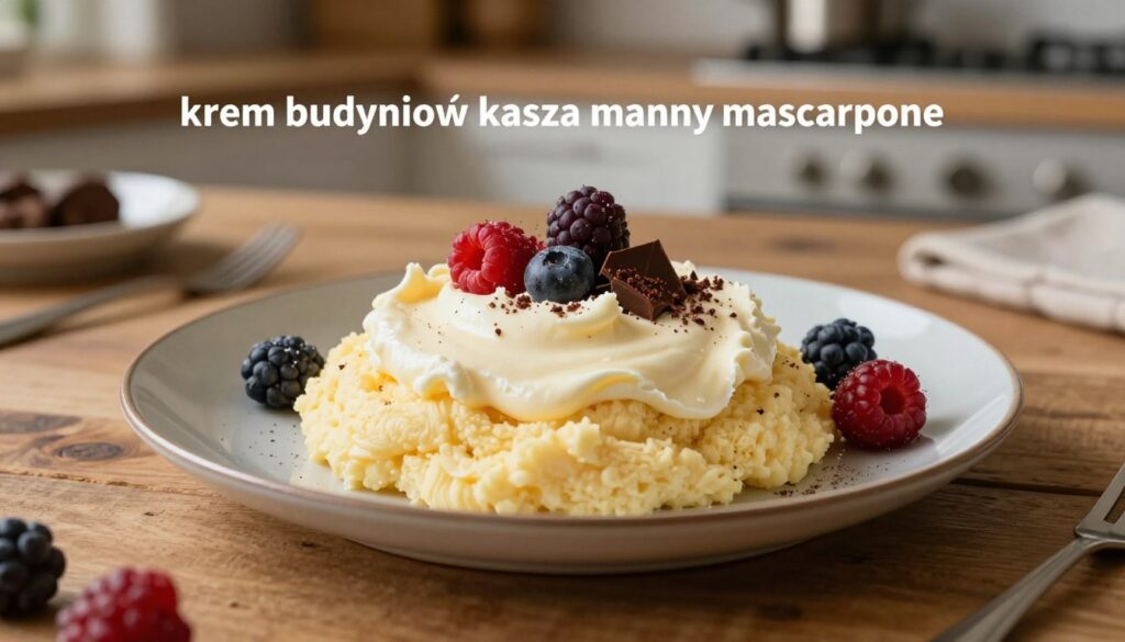 A beautifully styled dessert plate featuring a rich and creamy "krem budyniowy kasza manny mascarpone." In the foreground, a generous dollop of the silky custard sits atop a layer of soft, fluffy semolina pudding, all elegantly garnished with delicate swirls of mascarpone cheese. Sprinkled on top, vibrant berries and a hint of grated chocolate add a pop of color and contrast. In the middle ground, a rustic wooden table provides a cozy backdrop, while warm, diffused natural light gently illuminates the dessert, creating an inviting, homely atmosphere. The background showcases a softly blurred kitchen setting with subtle hints of baking tools, evoking a sense of warmth and culinary creativity. A beautifully styled dessert plate featuring a rich and creamy "krem budyniowy kasza manny mascarpone." In the foreground, a generous dollop of the silky custard sits atop a layer of soft, fluffy semolina pudding, all elegantly garnished with delicate swirls of mascarpone cheese. Sprinkled on top, vibrant berries and a hint of grated chocolate add a pop of color and contrast. In the middle ground, a rustic wooden table provides a cozy backdrop, while warm, diffused natural light gently illuminates the dessert, creating an inviting, homely atmosphere. The background showcases a softly blurred kitchen setting with subtle hints of baking tools, evoking a sense of warmth and culinary creativity.