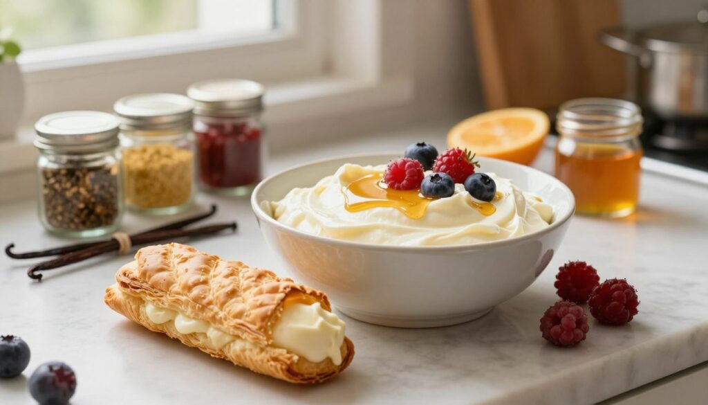 A beautifully styled dessert scene featuring a bowl of luscious mascarpone cream with a silky texture, accented by a drizzle of honey and scattered fresh berries. In the foreground, a delicate puff pastry tube filled with the creamy mascarpone is elegantly placed, showcasing its golden, flaky surface. Surrounding the bowl, small jars filled with various flavorings, such as vanilla, chocolate, and citrus zest, add vibrant colors to the composition. The setting is a softly lit kitchen counter, with warm, natural light streaming in from a nearby window, creating a cozy and inviting atmosphere. A slight depth of field focuses on the mascarpone and pastry, while the background remains softly blurred, enhancing the detailed textures in the foreground.