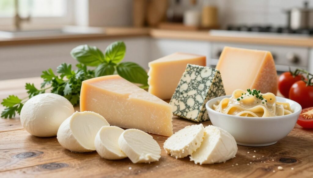 A beautifully styled food composition featuring various types of cheese, specifically chosen for pasta sauces, arranged on a rustic wooden table. In the foreground, showcase a selection of cheeses such as mozzarella, parmesan, gorgonzola, and ricotta, each cut into appealing shapes, accompanied by a small bowl of rich, creamy pasta sauce. In the middle ground, include sprigs of fresh herbs like basil and parsley, and scattered ingredients such as ripe tomatoes and garlic, hinting at different pasta dishes. The background softly blurs into an inviting kitchen setting with warm, natural light illuminating the scene, creating a cozy and appetizing atmosphere. The focus is on the textures and colors of the cheeses and ingredients, inviting the viewer to consider different cheese selections for their pasta recipes. A beautifully styled food composition featuring various types of cheese, specifically chosen for pasta sauces, arranged on a rustic wooden table. In the foreground, showcase a selection of cheeses such as mozzarella, parmesan, gorgonzola, and ricotta, each cut into appealing shapes, accompanied by a small bowl of rich, creamy pasta sauce. In the middle ground, include sprigs of fresh herbs like basil and parsley, and scattered ingredients such as ripe tomatoes and garlic, hinting at different pasta dishes. The background softly blurs into an inviting kitchen setting with warm, natural light illuminating the scene, creating a cozy and appetizing atmosphere. The focus is on the textures and colors of the cheeses and ingredients, inviting the viewer to consider different cheese selections for their pasta recipes.