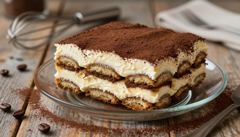 A beautifully styled plate of homemade krem tiramisu, showcasing three distinct layers of creamy mascarpone, coffee-soaked ladyfingers, and cocoa dusting on top. The foreground captures the dessert in a delicate glass dish, with rich, velvety textures inviting indulgence. In the middle, a sprinkle of cocoa powder dusts a rustic wooden table, enhancing the artisan feel of the scene. The background features soft-focus kitchen elements like a vintage whisk and scattered coffee beans, suggesting a warm, inviting kitchen atmosphere. The lighting is soft and natural, creating a cozy mood that highlights the layers of the tiramisu. The angle is slightly elevated, focusing on the rich details of the cream and cocoa without any distractions.