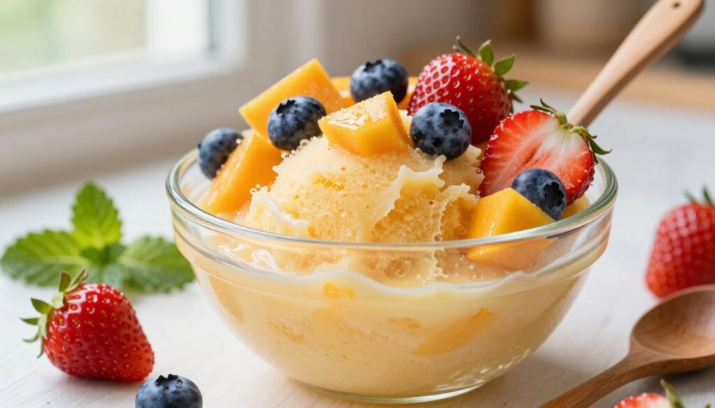 A beautifully vibrant, homemade sorbet depicted in a clear glass bowl with a smooth texture, showcasing a variety of fresh, colorful fruits such as ripe strawberries, vibrant mango, and deep purple blueberries integrated throughout the sorbet. In the foreground, add a wooden spoon partially dipped into the sorbet, emphasizing its creamy consistency. The middle ground features a few scattered whole fruits and mint leaves for garnish, enhancing the freshness of the scene. The background is softly blurred, hinting at a cozy kitchen with warm, natural lighting spilling in from a nearby window, creating a welcoming and inviting atmosphere. The overall mood is refreshing and appetizing, perfect for a warm day. A beautifully vibrant, homemade sorbet depicted in a clear glass bowl with a smooth texture, showcasing a variety of fresh, colorful fruits such as ripe strawberries, vibrant mango, and deep purple blueberries integrated throughout the sorbet. In the foreground, add a wooden spoon partially dipped into the sorbet, emphasizing its creamy consistency. The middle ground features a few scattered whole fruits and mint leaves for garnish, enhancing the freshness of the scene. The background is softly blurred, hinting at a cozy kitchen with warm, natural lighting spilling in from a nearby window, creating a welcoming and inviting atmosphere. The overall mood is refreshing and appetizing, perfect for a warm day.