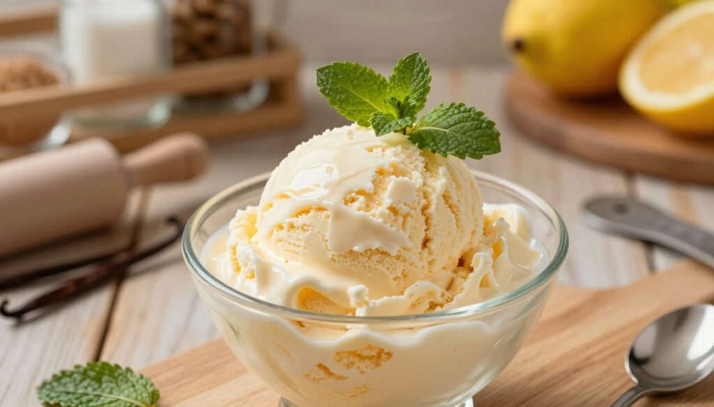 A bowl of creamy vanilla ice cream with a smooth texture, artistically scooped and garnished with fresh mint leaves. The foreground features the ice cream in an elegant glass dish, reflecting soft natural light that highlights its glossy surface. In the middle, a wooden table provides a rustic backdrop, with subtle hints of a kitchen environment like a rolling pin and measuring spoons scattered around, linking to the concept of homemade ice cream. The background showcases a blurred shelf with various ingredients such as vanilla beans, sugar, and fruit, adding depth while maintaining focus on the ice cream. The mood is inviting and warm, evoking a sense of comfort and indulgence. The lighting is soft, creating a cozy atmosphere perfect for a delicious dessert.