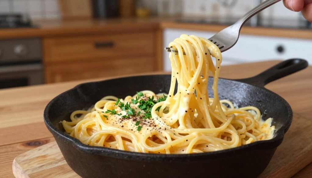 A cast iron skillet on a wooden kitchen table, showcasing a freshly cooked pasta dish with a creamy, stretchy cheese sauce. In the foreground, a generous serving of golden spaghetti glistens under soft, diffused natural light, emphasizing the richness of the sauce. In the middle, melting cheese stretches beautifully as a fork entwines the pasta, while herbs like parsley and a sprinkle of black pepper add vibrant color and texture. The background features a cozy kitchen setting with warm wooden cabinets and a rustic backsplash, enhancing the inviting atmosphere. The composition is slightly angled to highlight the pasta's texture, creating a mouth-watering scene that evokes warmth and comfort, perfect for a delicious meal.