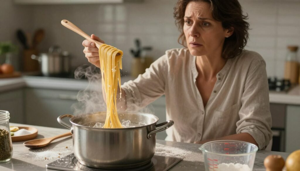 A chaotic kitchen scene showcasing common mistakes in cooking pasta. In the foreground, a pot of boiling water with a few clumps of overcooked, sticky pasta trying to escape while unwary cook, a middle-aged woman in a modest casual shirt, looks concerned. In the middle, a wooden spoon rests carelessly beside the pot, with scattered salt and a spilled measuring cup on the counter, hinting at the importance of seasoning. The background features a blurred kitchen setting with pots, pans, and ingredients. The warm, inviting lighting casts gentle shadows, creating a sense of urgency and realism. The overall mood captures the essence of frustration and learning in the cooking process, emphasizing the lesson on proper pasta preparation. A chaotic kitchen scene showcasing common mistakes in cooking pasta. In the foreground, a pot of boiling water with a few clumps of overcooked, sticky pasta trying to escape while unwary cook, a middle-aged woman in a modest casual shirt, looks concerned. In the middle, a wooden spoon rests carelessly beside the pot, with scattered salt and a spilled measuring cup on the counter, hinting at the importance of seasoning. The background features a blurred kitchen setting with pots, pans, and ingredients. The warm, inviting lighting casts gentle shadows, creating a sense of urgency and realism. The overall mood captures the essence of frustration and learning in the cooking process, emphasizing the lesson on proper pasta preparation.