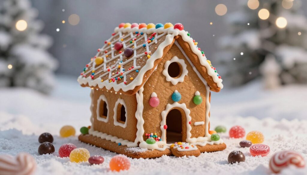 A charming gingerbread house, adorned with colorful sprinkles and a variety of candies, creating a whimsical fairy-tale aesthetic. In the foreground, a sparkling array of various sweets—like gumdrops, chocolate buttons, and licorice—artfully scattered around the house. The house itself features intricate icing detailing, with a shiny glaze highlighting the soft contours of the roof. In the middle, the gingerbread structure stands proudly, framed by a dusting of powdered sugar resembling snow. The background consists of a soft-focus winter wonderland, with gentle bokeh lights mimicking twinkling stars. The lighting is warm and inviting, casting a cozy glow that enhances the magical atmosphere, all captured from a slightly elevated angle to emphasize the opulent decorations.