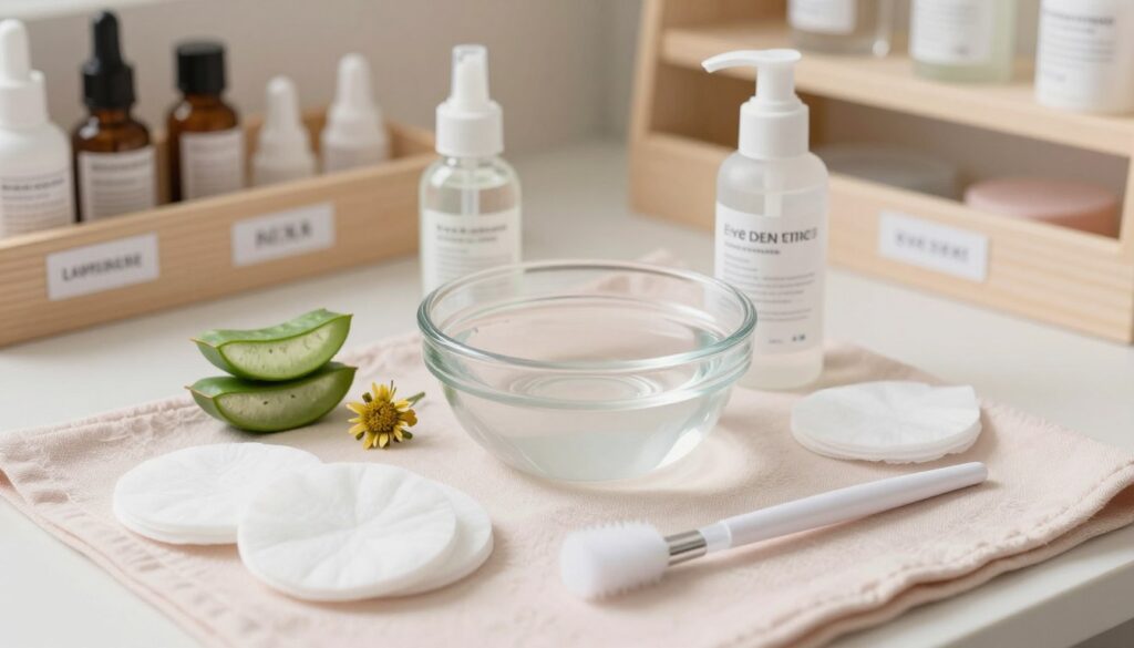 A clean, organized workspace featuring a variety of eye-safe products for washing eyelash extensions. In the foreground, a small, aesthetically pleasing arrangement of gentle cleansing solutions, cotton pads, and a fine brush lies on a soft, pastel-colored cloth. The middle ground showcases a clear bowl filled with warm water surrounded by a few natural ingredients, like aloe vera and chamomile, emphasizing safety and gentleness. In the background, soft-focus shelves filled with neatly labeled eye care accessories create a harmonious and calm atmosphere. The lighting is soft and diffused, enhancing the serene mood of the scene. The angle captures the entire composition from slightly above, inviting viewers to engage with the subject we are showcasing.